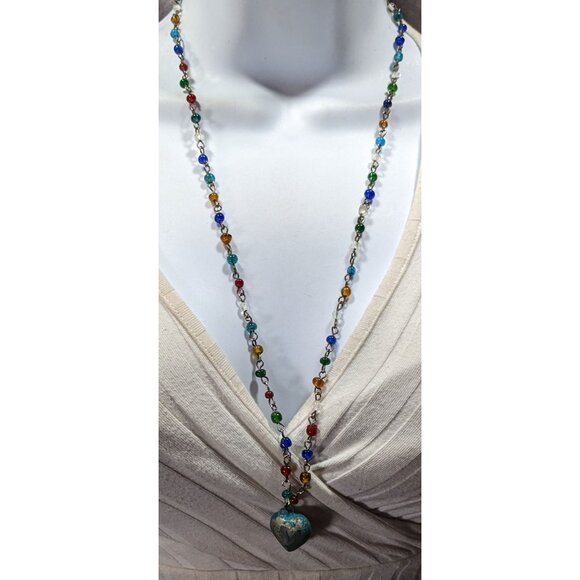 Rustic Romantic Rainbow Glass Beaded Necklace With Distressed Puffed Heart Penda - Picture 2 of 5